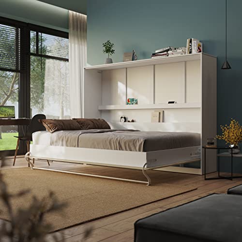 Schrankbett Standard 140x200 Horizontal Weiß/Eiche Sonoma ausklappbares Wandbett, ideal geeignet als Wandklappbett fürs Gästezimmer, Büro, Wohnzimmer, Schlafzimmer – Bild 3