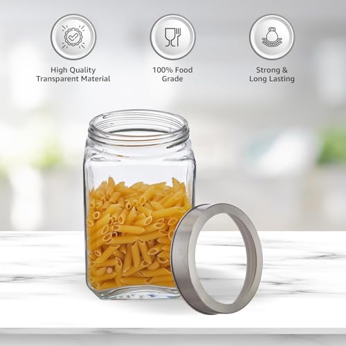 Image of CROCO JAR Square Glass Storage Containers 1750ml | Transparent Airtight Kitchen Jars with Steel Lid | Cubical Glass Jars for Pantry, Snacks, Dry Fruits, Masala, Pickle & Coffee Beans | Pack of 4