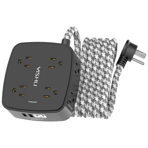 Image of Surge Protector Power Strip - YISHU 8 Outlets with 4 USB (2 USB C) Charging Ports, 10Ft Braided Extension Cord, Flat Plug Multi Plug Outlet Extender Charging Station for Home Office, ETL, Black