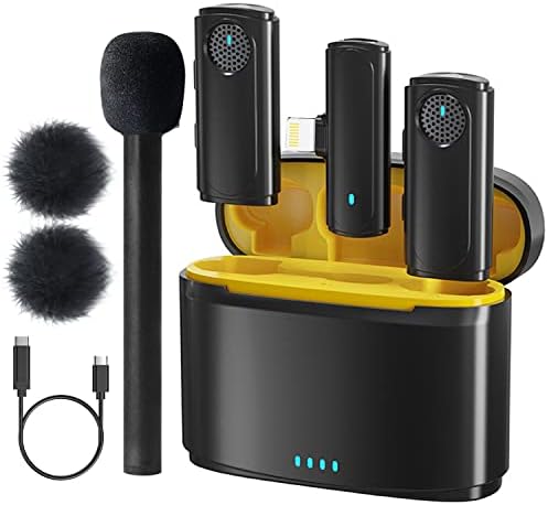 Coonic J12 Wireless Lavalier Microphone for iPhone, Intelligent Noise Reduction,2-in-1 Plug-Play Mic with Charging Case and Hand-held Microphone, for Video Recording Interview Youtubers Vloggers