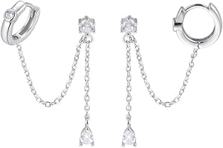 925 Sterling Silver Double Piercing Earrings Huggie Cuff Droplet Chain for Women Teen Girls Hoop Earrings Double Holes Dangle Earrings Cartilage Helix Piercing Earrings Chain