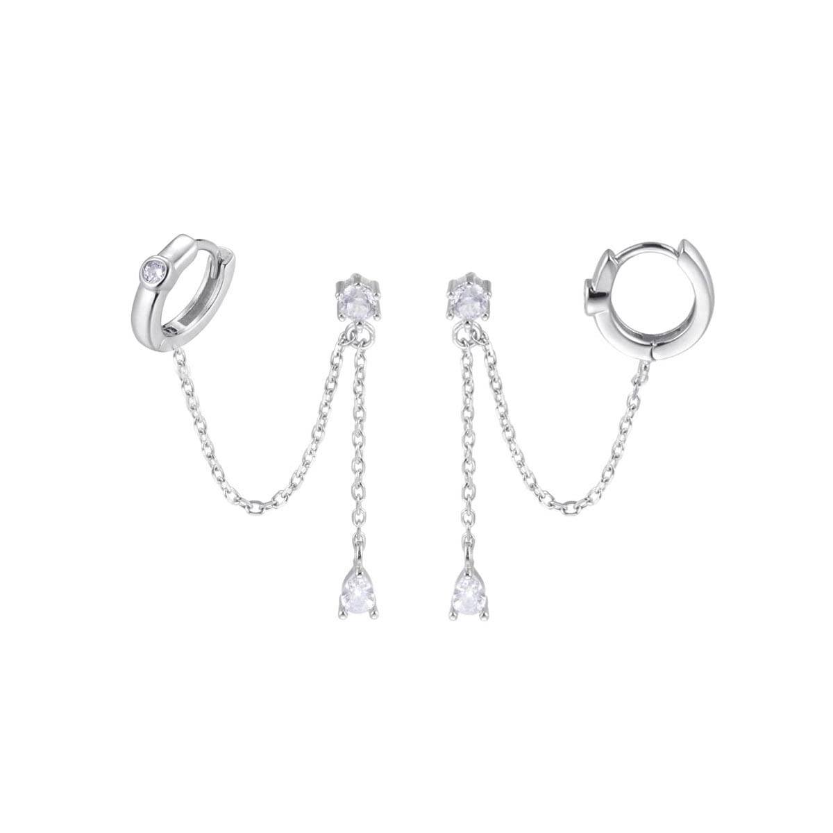 SLUYNZ Sterling Silver Double Piercing Earrings - Huggie Hoops with Chain, Droplet Dangle Design for Women