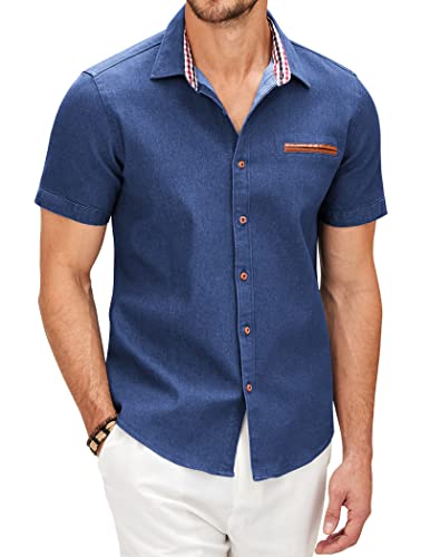 COOFANDY Hemd Herren Kurzarm Jeanshemd Sommer Leichtes Freizeithemd Jeans Hemden für Herren Kurzarmhemden Slim Fit T-Shirt Cowboy-Style Business Büro Hemd Männer Blau XL