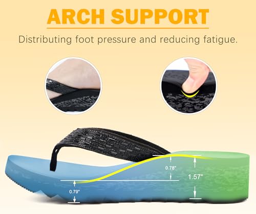 ONCAI Women's Wedge Flip Flops with Rhinestone，Recovery Dressy Walking Sandals for Women with Comfortable Arch Support Cushion Yoga Mat Summer Rubber Soles(US Size 5-11)4