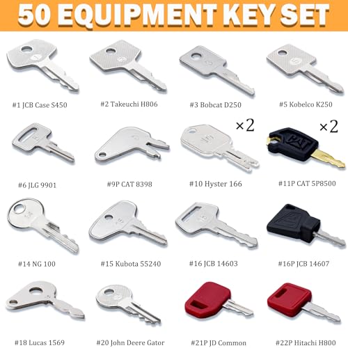50 Heavy Equipment Keys Master Set, Construction Contractor Machine Ignition Keys Set Fits CAT Catrepillar Case John Deere JCB Hyster JLG Komatsu Kubota Yanmar Takeuchi New Holland Takeuchi Volvo
