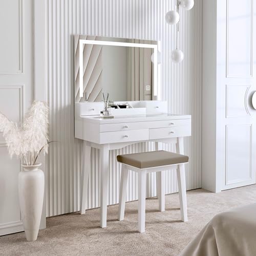 FABS Madison Dressing Table & Stool Set - Makeup & Vanity Desk with Touch Sensor LED Light, Large Mirror, Drawers & Glass Tabletop - Modern & Compact Dresser for Bedroom - White