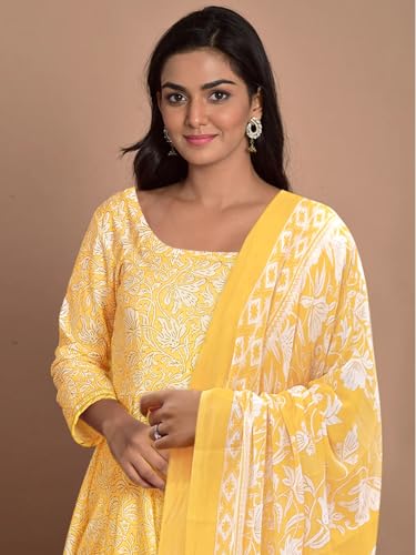 Image of Tee Projekt Women's Cotton Blend Floral Printed Anarkali Kurta Pant with Dupatta Set ll Round Neck