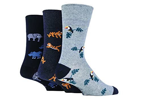 SockShop Gentle Grip Mens Fun Feet Soft Top Novelty Patterned Soft Breathable Cotton Socks in a Multipack of 3 Born Free 6-11