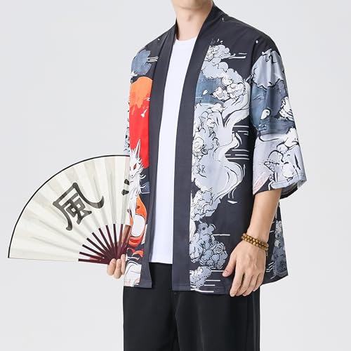 Image of Men's Japanese Kimono Robe Jacket Lightweight 3 /4 Sleeve Open Front Yukata | Silky Smooth Fashion Print Happi Coat Lightweight Breathable Loose Unisex Haori Casual Summer Cardigan Daily Beach Vacation