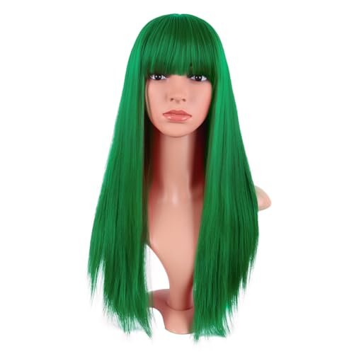 MapofBeauty Largo Lacio Peluca Con Flequillo Sintética Cabello Heat Resistente Para Fiesta de (verde hierba)