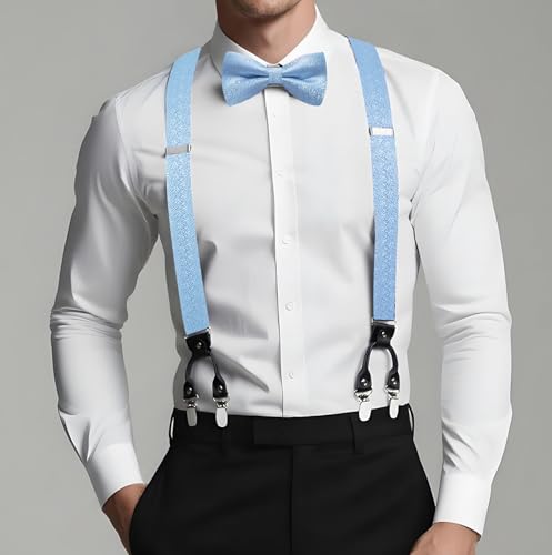Image of Dubulle Suspender and Bow Tie for Men Paisley Solid Mens Suit Braces Pretied Bowtie and Handkerchief Cufflinks Formal Wedding