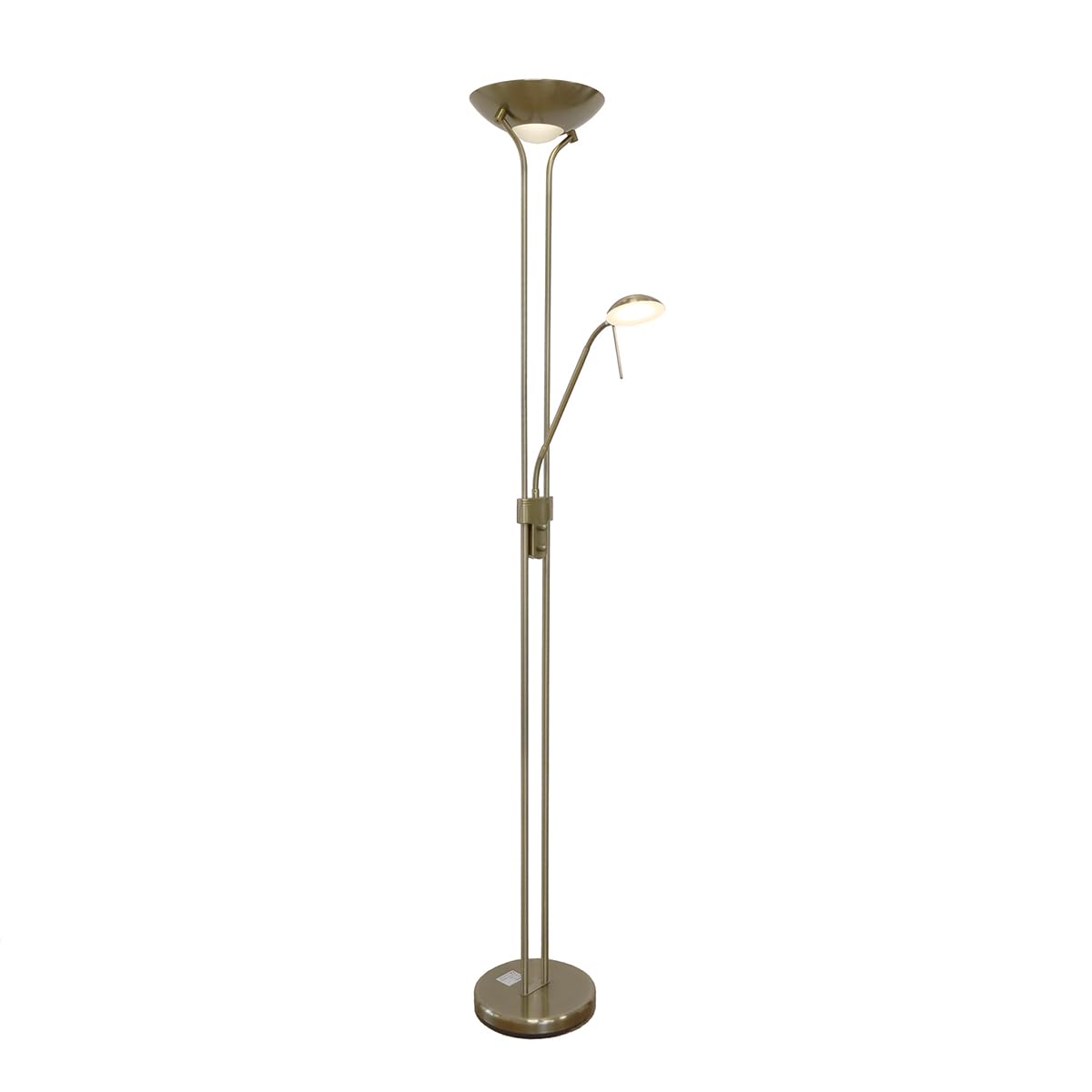 Els Banys Lámpara pie salón LED SMD metal oro viejo. pantalla superior 17W-3000k-1600 lumens. Lector articulado 5W, 3000K, 450lumens. H180cm Ancho 50cm. Luz regulable. IP20 uso interior