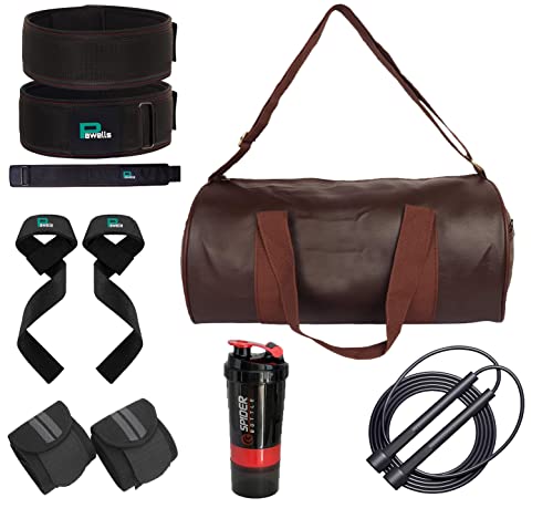 Pawells® Ultimate Fitness Kit Gym Combo for Man and Woman for Workout, Gym Accessories Boost Your Workout with Skipping Rope, Leather Duffle Bag, Wrist Wrap, Deadlift Belt,Towel, Sipper (Pack of 7)