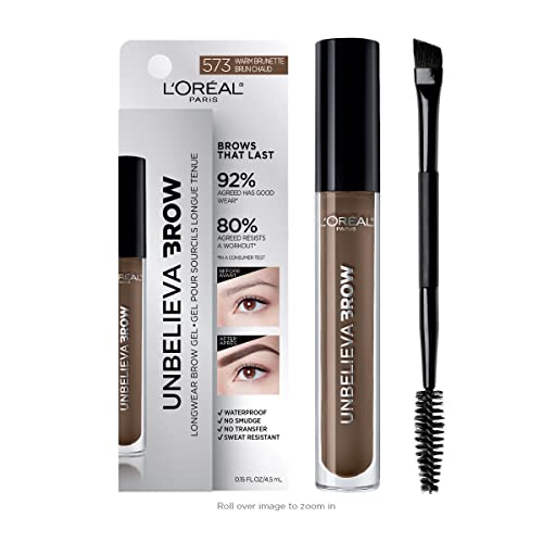 L'Oreal Paris Unbelieva-Brow Longwear Waterproof Tinted Brow Gel, Smudge-resistant, Transfer- Proof, Quick Drying, Easy and quick application with precise brush, Warm Brunette, 0.15 fl. oz.