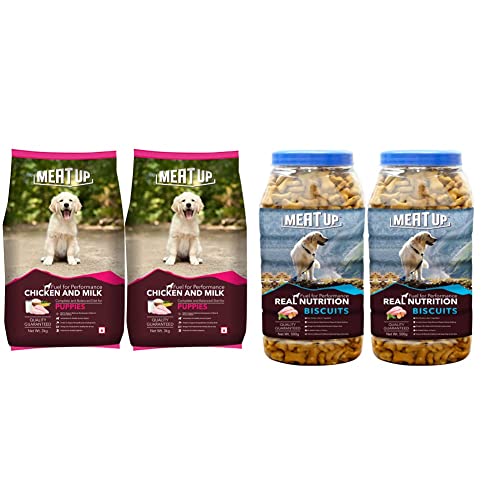 Image of Meat Up Chicken and Milk Puppy Dry Dog Food, 3kg (Buy 1 Get 1 Free) & Meat Up All Life Stages Mutton Flavour, Real Chicken Biscuit, 500g (Pack of 2).