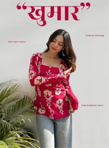 Image of Women Pure Cotton Floral Printed Short Kurti | Square Neck | Full Sleeves | Stylish Ethnic Kurta | Back Tie-Up | Casual Wear Kurta