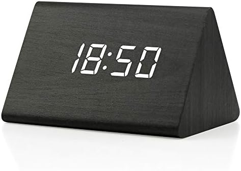 GEARONIC Digital Alarm Clock Wooden Alarm Clock Wood Modern Triangle Alarm Digital Desk Clock, Displays Time Date Temperature Calendar Wood Made Electric Clocks for Bedroom, Bedside - Black