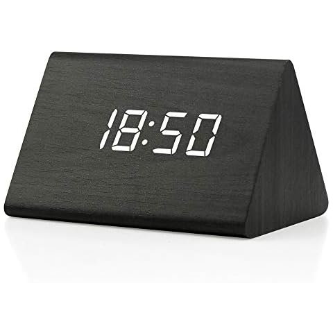 OCT17 Wooden Wood Clock, New Version LED Alarm Digital Desk Clock Adjustable Brightness, Alarm Time, Displays Time Date Temperature - Black Cover