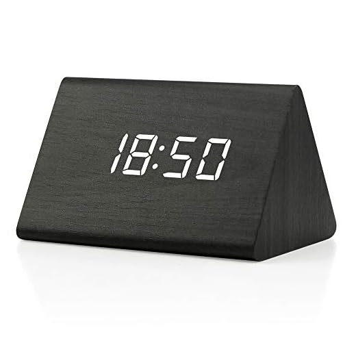 OCT17 Wooden Wood Clock, New Version LED Alarm Digital Desk Clock Adjustable Brightness, Alarm Time, Displays Time Date Temperature - Black