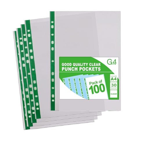 100 A4 Plastic Value Punched Punch Pockets 10-15 Sheets 30 Micron for Folders Filing Wallets Sleeves