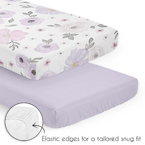 Image of Sweet Jojo Designs Lavender Purple Boho Floral Girl Baby Mini Crib Bedding Set Infant Nursery Room Newborn Blanket Portable Pack n Play Sheets 3pc Pink Grey Bohemian Farmhouse Shabby Chic Watercolor