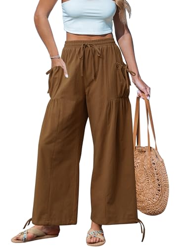 HVT Women's Boho Pants Casual Loose Summer Wide Leg Drawstring High Waist Palazzo Trousers Beach Pants with Pockets