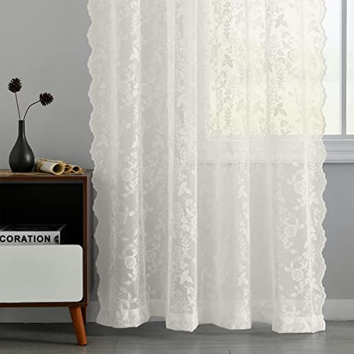 Finecity Lace Curtains For Living Room - Country Branch Leaf Floral Sheer Lace Curtains 96 Inch Length, Scalloped Macrame Cream Lace Panel Curtains For Windows, 52 X 96 Inch, 2 Panels, Ivory/Cream #TOP4