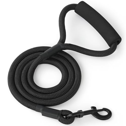 Mile High Life Dog Leash with Comfortable Padded Handle, Black Nylon Rope Leash, Heavy Duty 4 Feet...