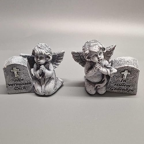 eberin · Kleiner Gedenkstein mit Engel · Engel Deko Figur · Grabschmuck · Engel am Grabstein · Grabengel Friedhof (Set mit 2 Engeln)