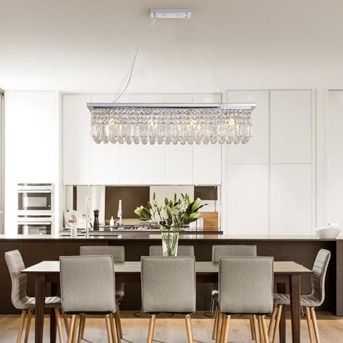 SAMPOW 8-Light Chrome Crystal Rectangular Raindrop Chandelier for Dining Room