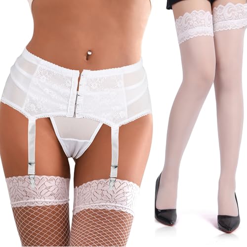 Medias autoadhesivas de encaje premium con ligueros de 6 clips de alta sujeción para mujer