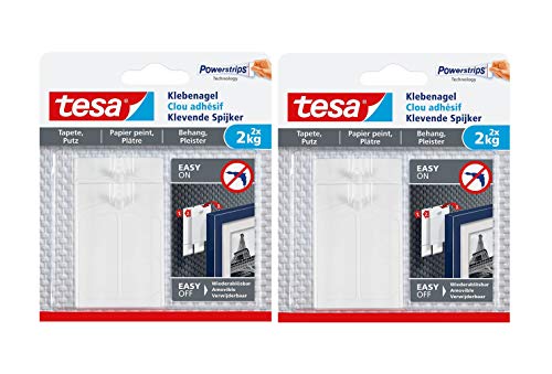 Tesa 77776 Selbstklebende Nagel für Tapeten und Putz/Nägel selbstklebend für empfindliche Oberflächen/Einfach anzubringen und zu entfernen / 2 x 2 kg Haltekraft, 2 kg, 2 Stück