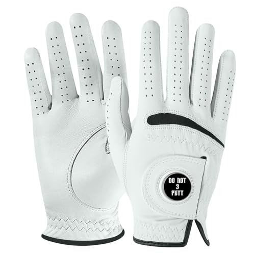 Cabretta Leather Golf Gloves for Men 1 Pack with Ball Marker, Soft and Premium Grip for Right Left Handed Golfer Left Right Hand, Comfortabe Fit in Sizes S to XXL (Do Not 3 Putt, Medium/Large, Right)
