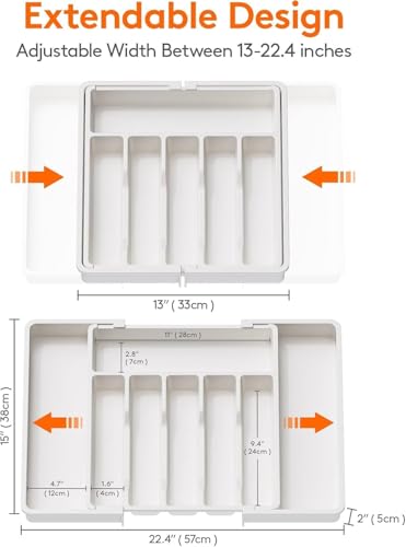 Image of Aroja Utensil Organizer for Kitchen Drawer, Expandable Cooking Silverware Tray, Adjustable Cutlery Flatware Holder, Plastic Spatula Tools Storage Divider (WHITE PACK OF 2)
