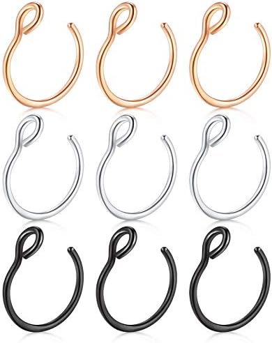 JFORYOU 6-10 Pieces 316L Steel Nose Ring Nose Hoop Fake Nose Ring Piercing Body Jewelry, 3-6 Colors, 8mm