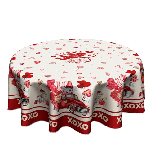 Giwawa Valentines Round Tablecloth 60 Inches, Happy Valentine's Day Red Truck Table Cloth,Valentine Gnomes Love Hearts Cupid Cover for Wedding Anniversary, Proposals, Kitchen, Dining, Party Decor