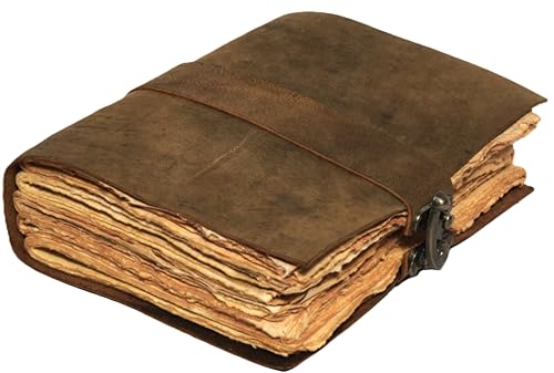 Tannerio Leather Bound Vintage Journal for Women & Men – Book of Shadows, Witch Grimoire Journal with Lock Closure – 200 Pages Handmade Antique Deckle Edge Paper – 7x5 Rustic Brown Leather Notebook