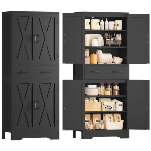 Image of TEENFON Tall Storage Cabinet with 2 Adjustable Shelves & 1 Large Drawer, Kitchen Pantry Cabinet with 4 Doors, Bathroom Storage Cabinets, for Living Room, Kitchen, Bathroom, Black