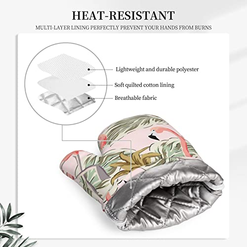 Watercolor Tropical Flamingo Oven Mitts And Pot Holders Sets, Heat Resistant Silicone Oven Mitts Gloves Sets With Non-Slip Hot Pads For Kitchen Baking Cooking Bbq #TOP3