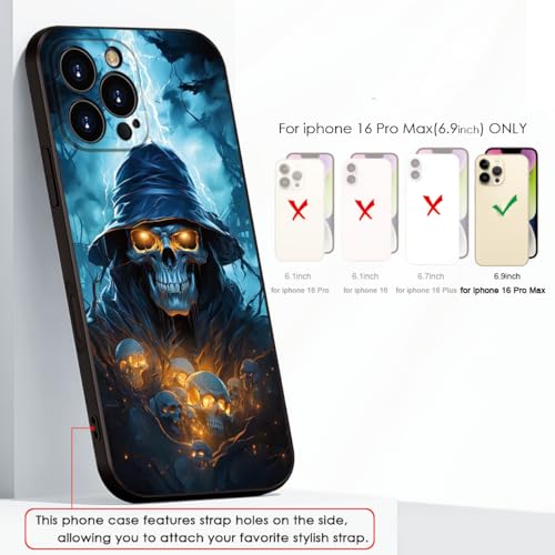Printed with Skull for iPhone 16 pro max case, Printed with a Skeleton Pattern bathed in Lightning, The Silicone Shockproof case Makes Your Phone Look Cool (A1-Skull-Death God Skeleton)