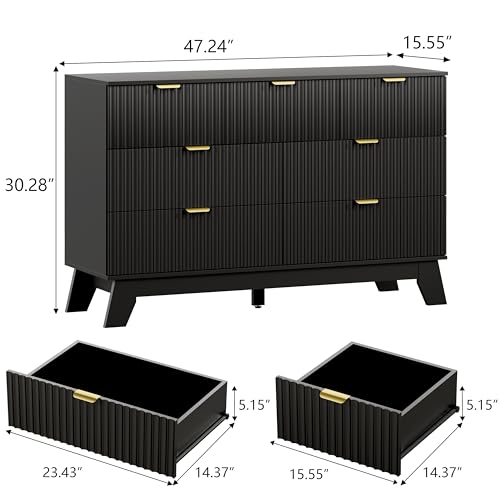 Image of Wodeer 7 Drawer Fluted Dresser for Bedroom, Mid Century Modern Dresser with 7 Drawers, Dressers & Chests of Drawers with Metal Handle, TV Stand & Storage Organizer for Entryway, Hallway, Black