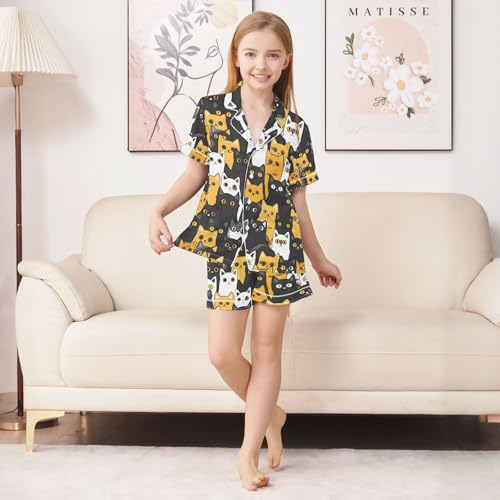 ALAZA Yellow Black White Cat Pajamas Satin Pajama Set Short Sleeve Button Down Sleepwear3
