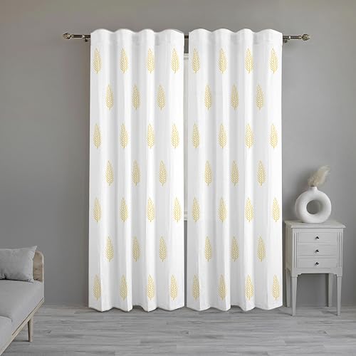 Image of Linenwalas Cotton Curtains Set Of 2, Canvas Window Curtains For Home Decor, Hangs Elegantly With Back Loops (4.5X6.5 Ft, Mustard Leaf) - Sheer, Back Tab