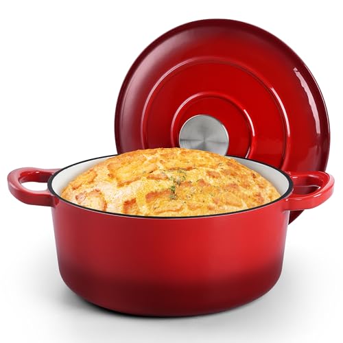 Small 3 Quart Dutch Oven, HaSteeL Round Cast Iron Cooking Pot with Lid, Nonstick Enameled Cookware for Sourdough Bread Baking Roasting Stewing Braising Frying, Heavy Duty & Oven Safe 500?, Red
