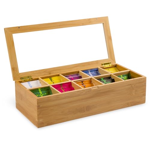 DECOMIL Bamboo Tea Box - 10-Compartment Tea Storage Box Organizer for Cabinets or Countertop
