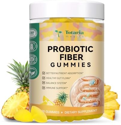 9-in-1 Probiotic Fiber Gummies for Adults & Teens, Fiber Supplement Pro with 5 Billion CFU Bacillus Coagulans, Psyllium Husk, FOS, Inulin, ACV for Digestive & Gut Wellness, 60 Vegan Pineapple Gummies