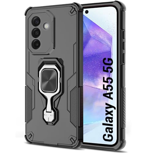 Image of TheGiftKart Tough Armor Bumper Back Case Cover for Samsung Galaxy A55 5G | Ring Holder & Kickstand in-Built | 360 Degree Protection Back Case Cover for Samsung Galaxy A55 5G (PC & TPU, Black)