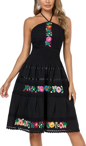 Mexican Dress for Women Casual Dress Halter Flowy Black Mini Dress3