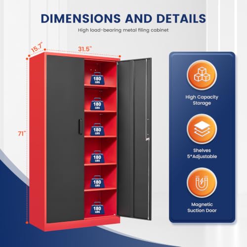 Image of Yizosh Metal Garage Storage Cabinet with 2 Doors and 5 Adjustable Shelves - 71 inch Steel Lockable File Cabinet,Locking Tool Cabinets for Office,Home,Garage,Gym,School (Red Black)