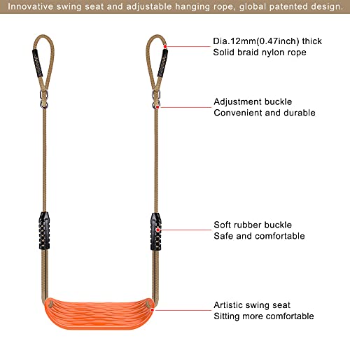 Benelabel Non-Slip Swing Seat With Adjustable Rope And Carabiners - Heavy Duty Playground Swing Set Accessories For Kids And Adults - 220Lb Capacity - Orange #TOP5